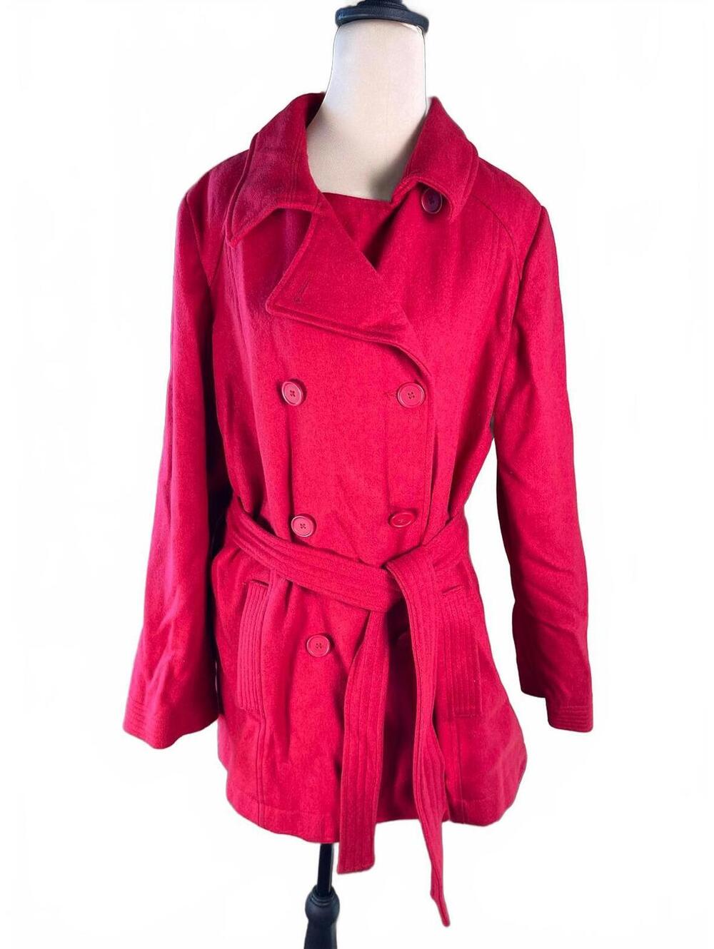 Old Navy Women's Red Wool Blend Trench Coat with Belt, Size Large Vintage 2004